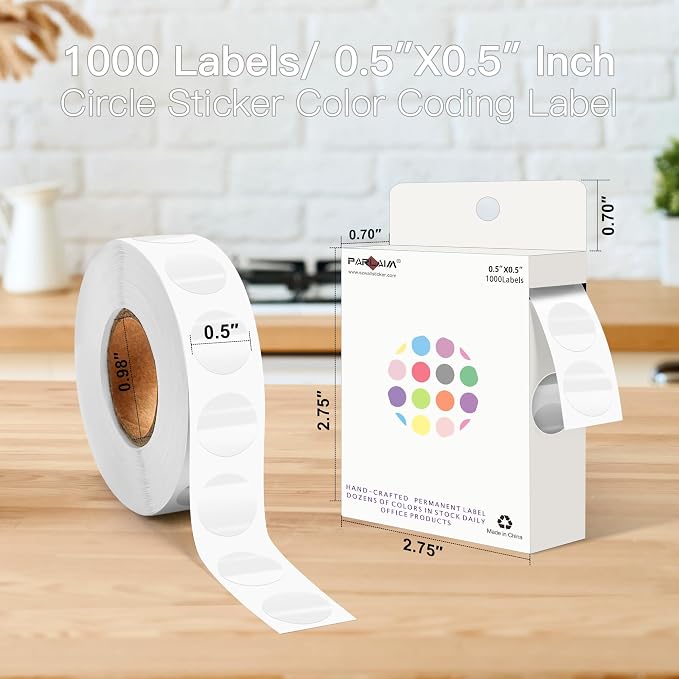 PARLAIM 1/2 Round Permanent Adhesive Color-Code Dot Stickers, 1000 Stickers Roll Dot Labels Dispenser Box Green Circle Labels Transparent