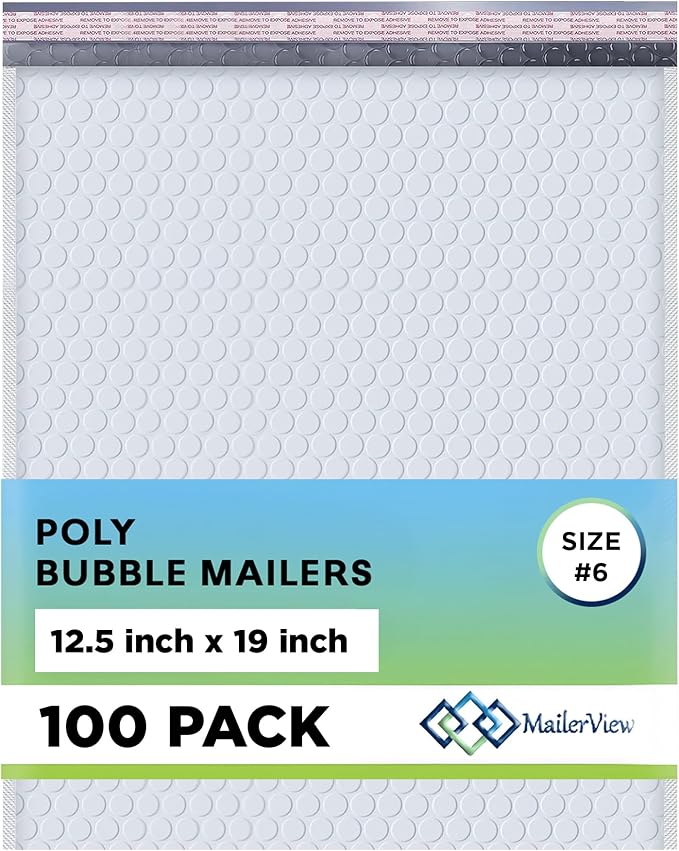 Arctic White Bubble Mailers 12.5x19.5 Poly Padded Mailers 100 Pack | Holds Clothing & Bulk Items, Self-Seal Closure, Cushioned Protection, Water-Resistant Poly, Made in USA, Size #6