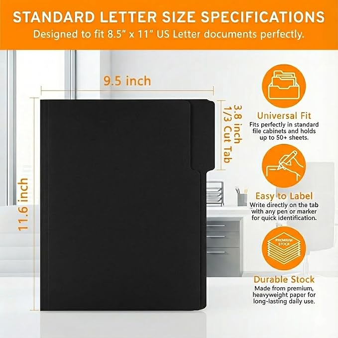 100 Packs Black File Folder,Manilla File Folders Letter Size,1/3-Cut Tabs,8.5x11 File Folders for Office Filing,School Projects and Home,Organizer File Folder