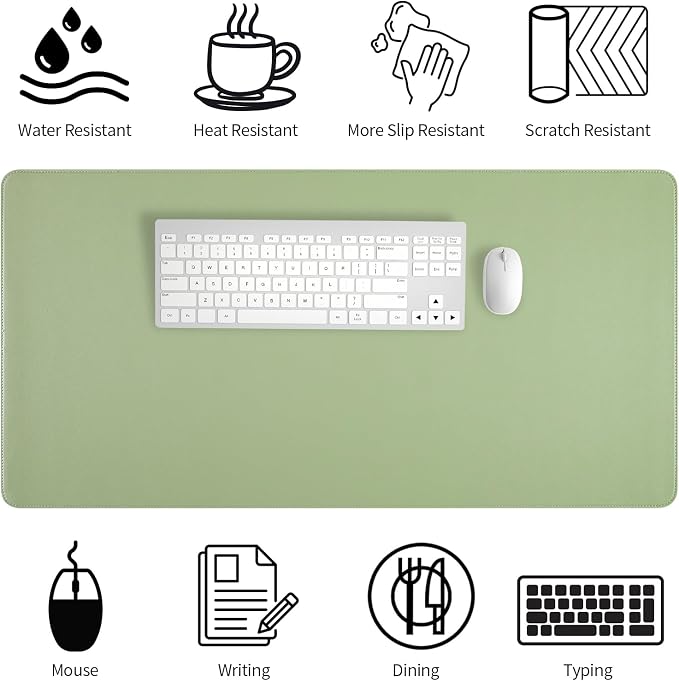 Green Leather Desk Mat with Stitched Edges 35.4" × 15.7", Large Mouse Pad | Waterproof and Oil-proof, Smooth Mouse Operation, Desktop Protection