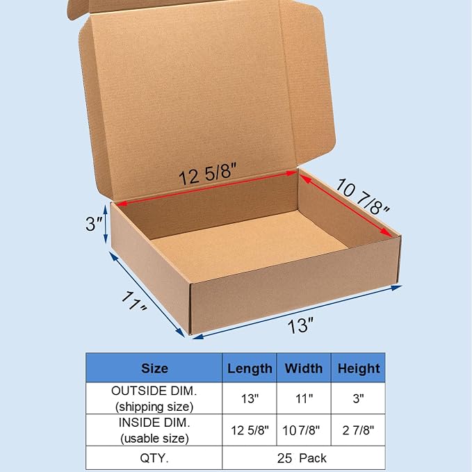 Wowxyz Brown Shipping Boxes 13x11x3" 25 Pack Corrugated Cardboard Mailers | Kraft Medium Literature Mailer Packaging Supplies, Mailing Boxes for Small Business