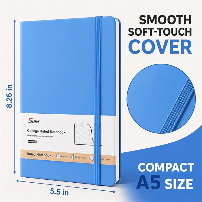 Hardcover-Journal-Notebooks, A5 Lined Journals Notebook for Writing 200 Pages, 8.2 x 5.5 inch, Classic Ruled Notebooks for Work/Travel/College (Light Blue - 6 Pack)
