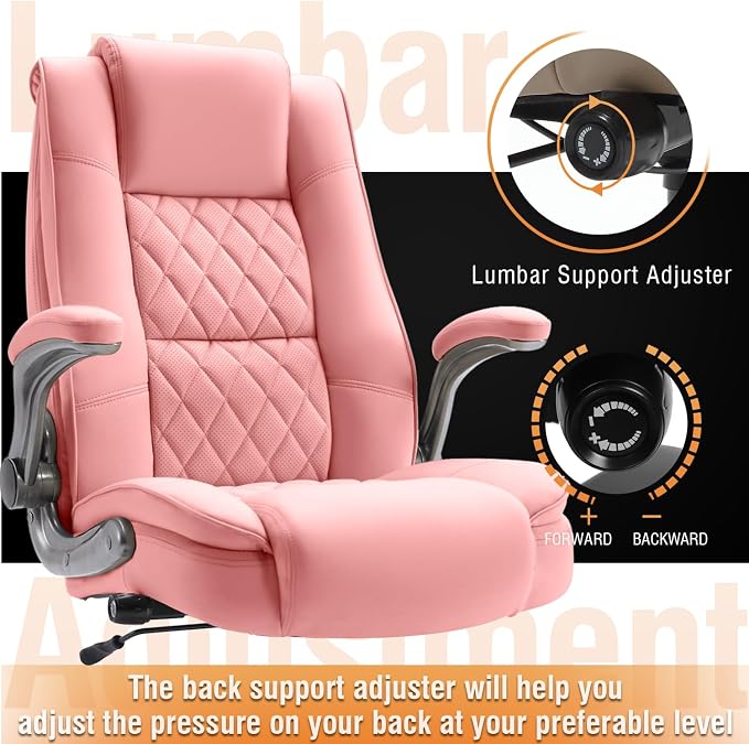 High Back Office Chair, Ergonomic Executive Computer Desk Chair | Flip Arms, Adjustable Built-in Lumbar Support, Thick Padded, Strong Metal Base, Quiet Wheels Work Chairs for Long Hours