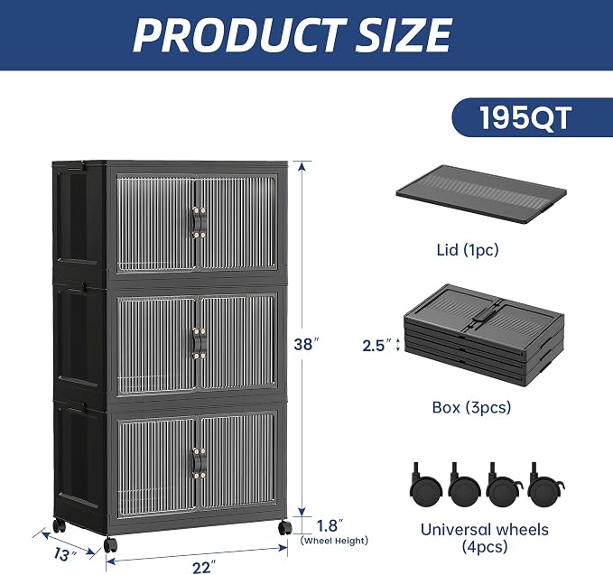 SAILUN 195Qt Stackable Storage Bins,Storage Cabinet with a Lid,3 Pack Black | Stackable Storage Drawers with Lids,22" W x 13" D x 38" H,Featuring open-front Access for Clothes and Closet Storage