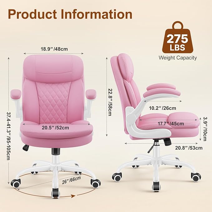 Leather Office Chair, Upgraded PU Computer Desk Chairs with Double-Layer Seat Cushion and Neckrest, 360°Swivel, Ergonomic Small Gaming Chair with Wheels and Adjustable Armrests for Short People, Pink