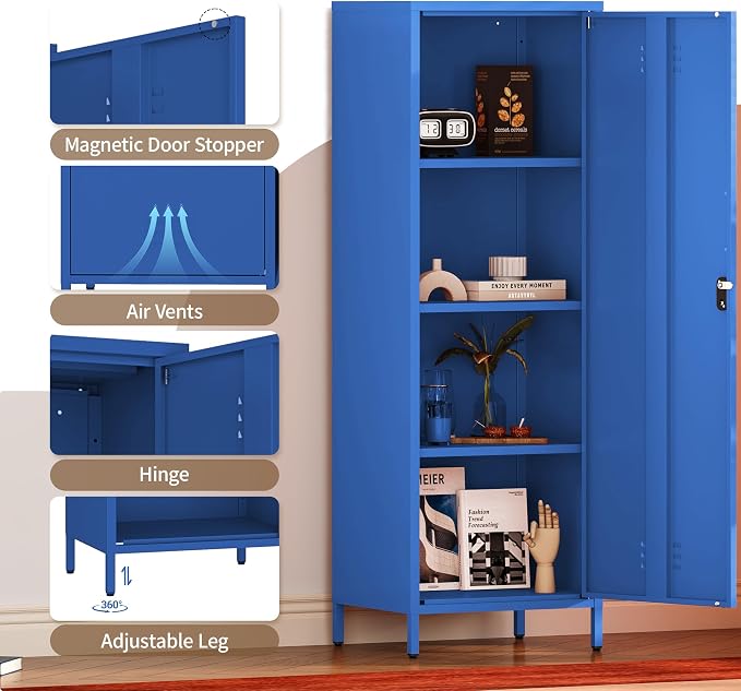 Metal Locker Storage Cabinets 59.06"H Navy Blue Locking File Cabinets Kitchen Food Pantry Cabinet with 2 Doors and Shelves for Dining Room, Living Room,Bathroom Office,Home,Garage, Gym, School