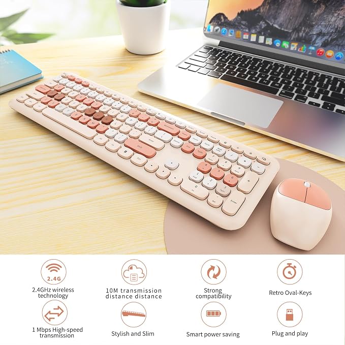 Wireless Keyboard and Mouse Combo, Cute Brown Retro Typewriter Keyboard with Number Pad, 2.4GHz USB Receiver + Type-C Adapter, Plug and Play for Laptop, Desktop, PC, Chromebook