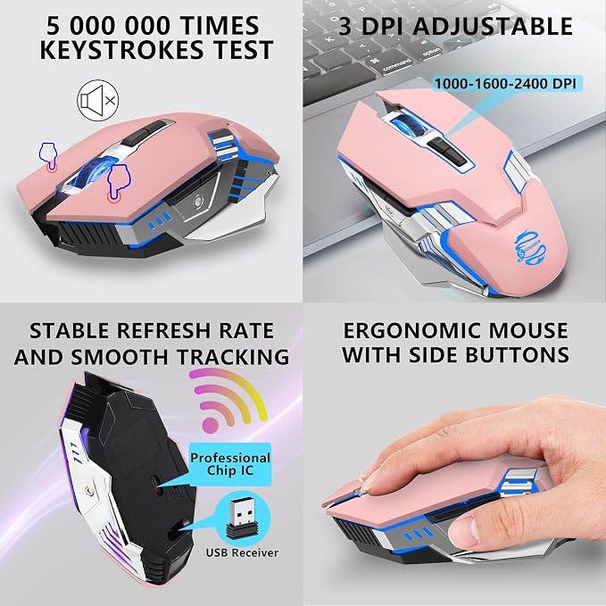 Wireless Mouse Bluetooth, Silent Rechargeable Multi-Device Mouse, BT5.0/3.0 and USB Cordless Computer Mice, RGB Light up Gaming Mice for Laptop PC Mac Macbook Air/Pro iPad Tablet Office Games -Pink | BT5.0/BT3.0+2.4G connection, RGB backlight & quiet c...
