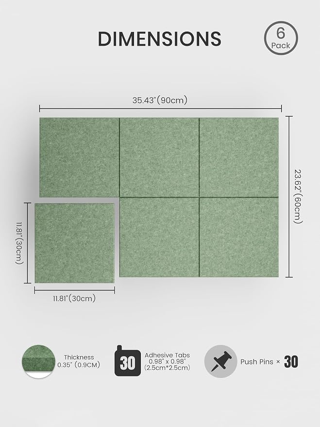 Bumusty 36" x 24" Large Cork Board Alternative, Moss Green | 6-Pack Felt Bulletin Board Tiles, 60 Adhesive Tabs, 30 Pushpins, Home, Office, Classroom, Vision Board