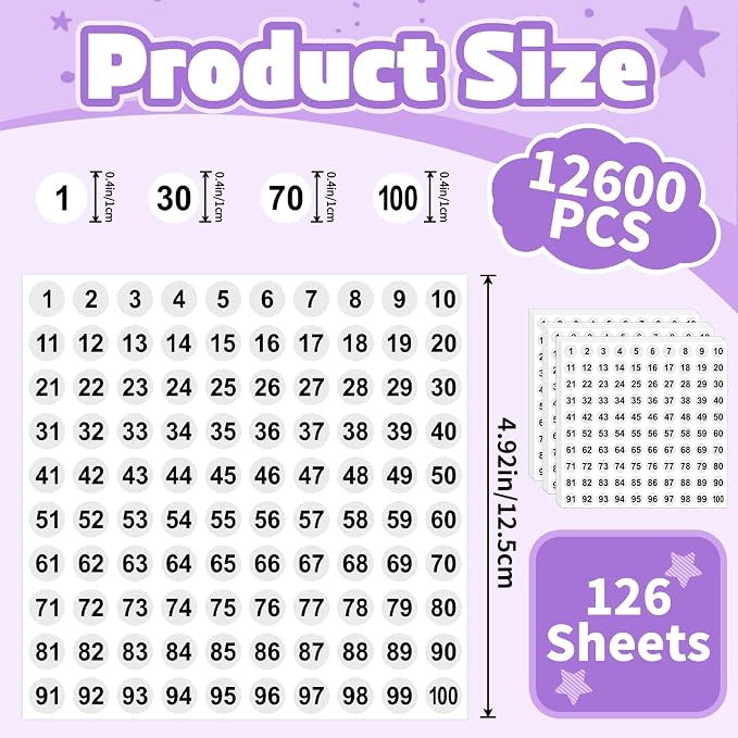 12600Pcs Number Stickers Small 1 to 100 Round Numbered Sticker,White | 0.4 Inch Self Adhesive,Consecutive Labels Stickers,for Storage Organizing,Inventory,Office,Home,Indoor Outdoor