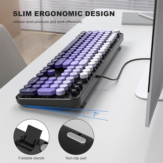 Computer Keyboard Wired, Plug and Play USB Retro Round Typewriter Keyboard, Full Size Wired Keyboard with Foldable Stands for Laptop and Office PC
