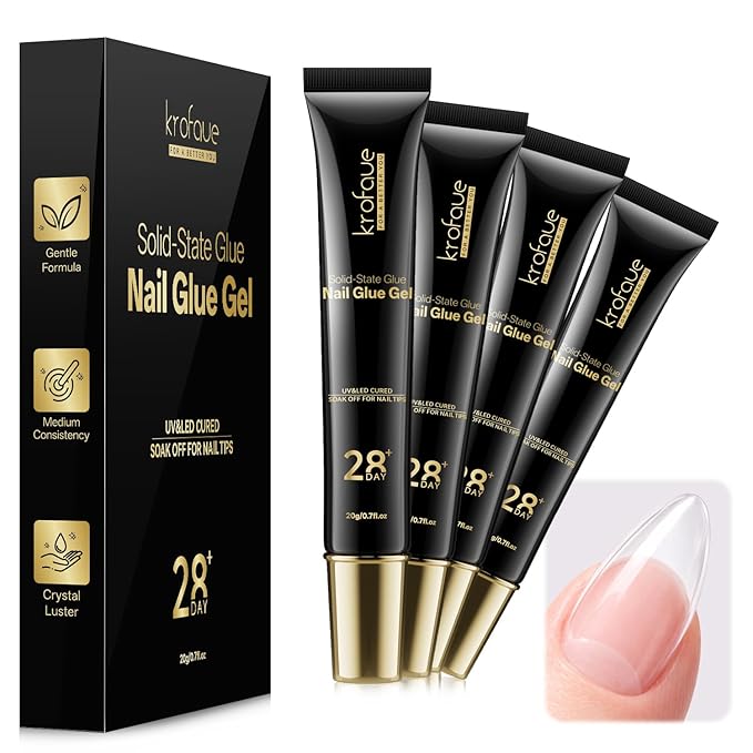 krofaue Solid Gel Nail Glue 4Pcs 20g – UV-Cured Clear Nail Adhesive for Gel Nails, 3D Nail Gel, Press on Nail Glue, Rhinestones, DIY Home Manicure, Salon Use, Long-Lasting, Beginner-Friendly.