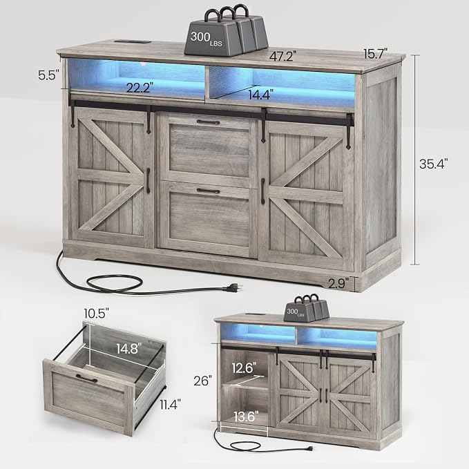 SEDETA 47.2" File Cabinet, 2 Drawers Filing Cabinets for Home Office fit Legal/Letter/A4 File, Farmhouse File Cabinet with Barn Door & Power Outlets, Printer Stand with Storage & LED Lights, Grey