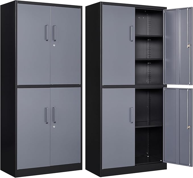 Metal Storage Cabinets with Lock Door and Shelves, Steel Garage Tool Cabinets for Home,Office, Warehouse,Lockers(71"-Black Gray)