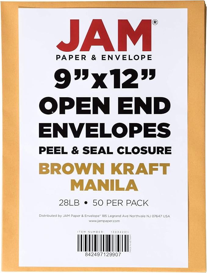 JAM PAPER 9 x 12 Open End Catalog Premium Envelopes with Peel and Seal Closure - Brown Kraft Manila - 50/Pack