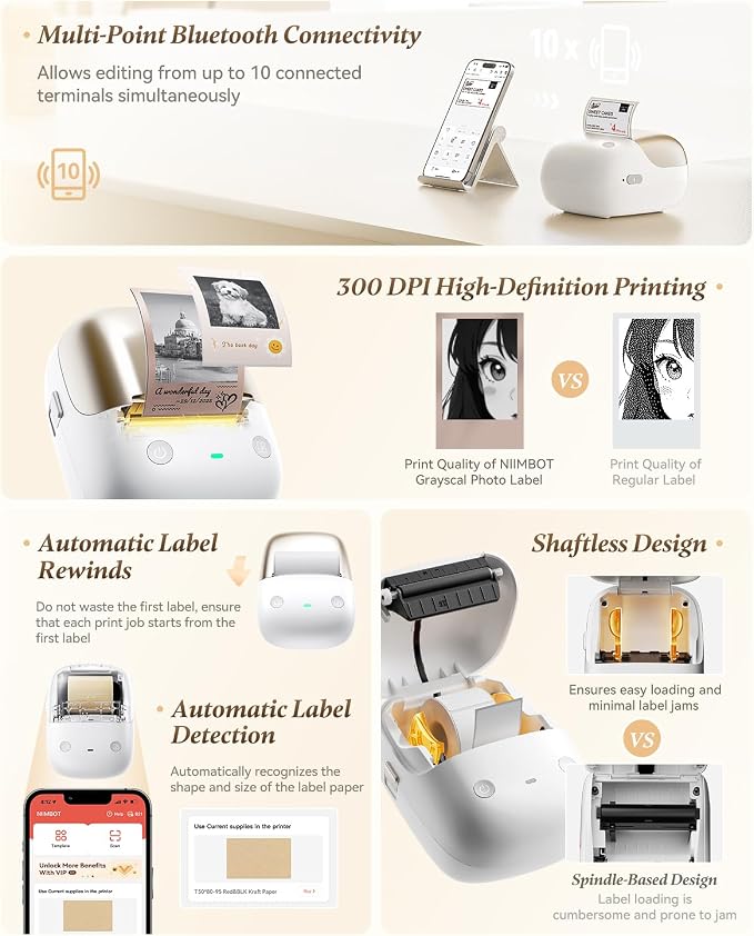 NIIMBOT B2 Pro Portable Label Maker, Thermal Label Printer with Fun APP | 300 DPI High Definition Bluetooth Label Maker Machine for Photos, Scrapbook, Home,School Organization (Moon Gold)
