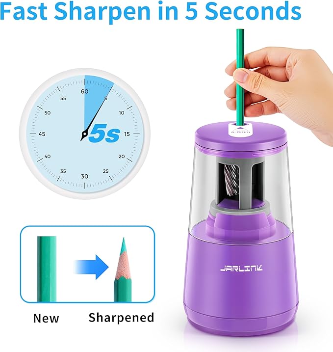 JARLINK Electric Pencil Sharpener, Heavy-Duty Helical Blade to Fast Sharpen, Auto Stop for No.2/Colored Pencils(6-8mm), USB/Battery Operated in School Classroom/Office/Home (Purple)