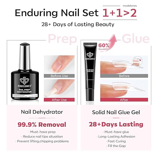 modelones X Nail Gel Kit Almond,510Pcs Nail Tips Solid Glue Prep Dehydrator & Mini U V LED Light Clipper, Upgrade 15Sizes Medium Almond Press on Tips Etch for Easy Extension DIY Women Gift