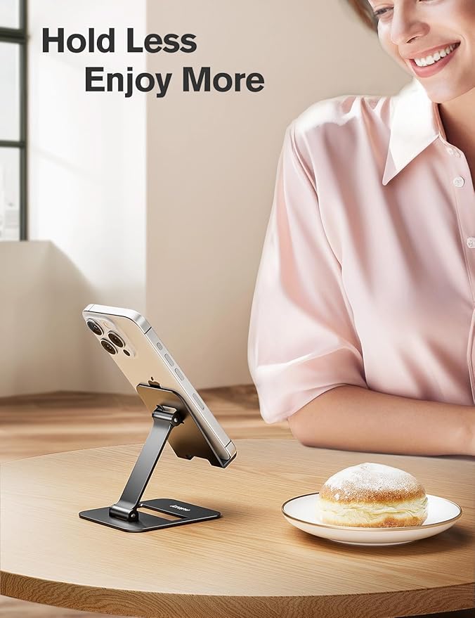Nulaxy 2 Pcs Aluminum Dual Folding Cell Phone Stand for Desk Black&Rosegold | Height Angle Adjustable, Portable, Anti-Slip Base Phone Holder Fits 16mm Thick Case 4-8" Smartphone Desk Essential Accessory