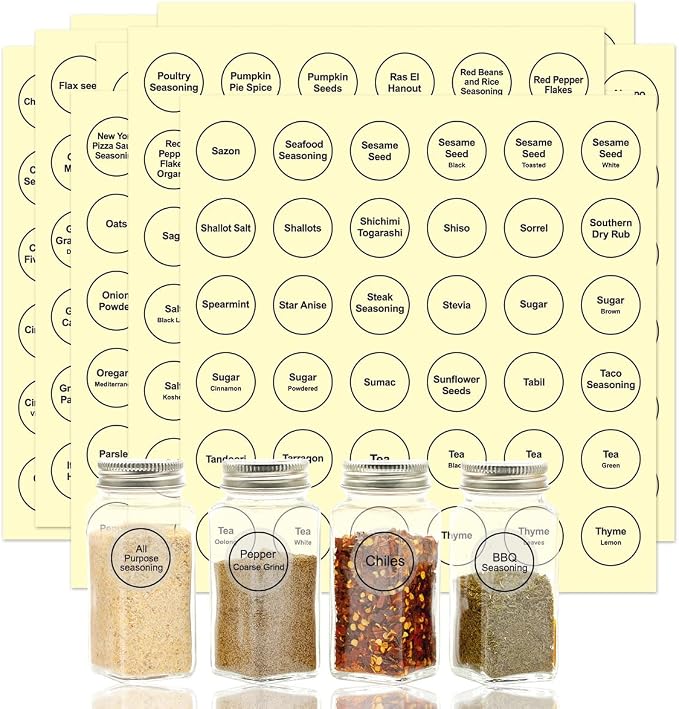 Spice Labels, 432Pcs Spice Labels Stickers 1.4in Waterproof Adhesive Round Preprinted Spice with Blank Label Black Tear Resistant Sticker for Kitchen Jars Caps Food Containers Organizers
