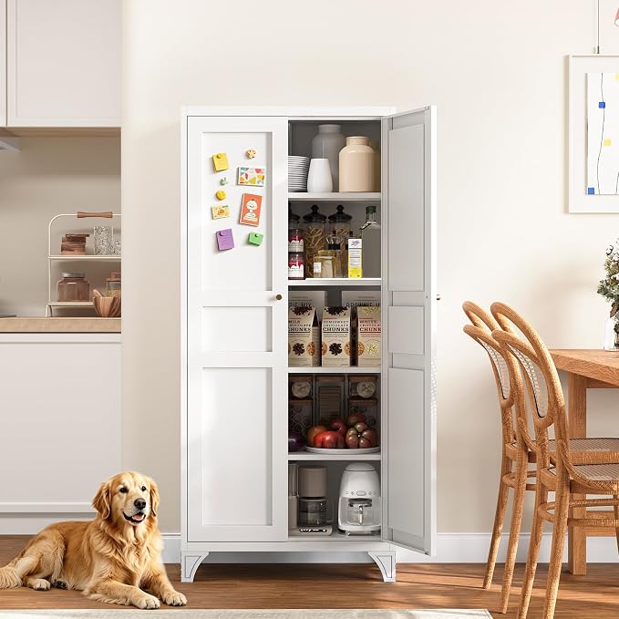 Metal Storage Cabinet with 2 Doors and Adjustable Shelves - 61" White Kitchen Pantry Storage Tall Steel Cabinets Locker for Kitchen, Living Room, Dining Room