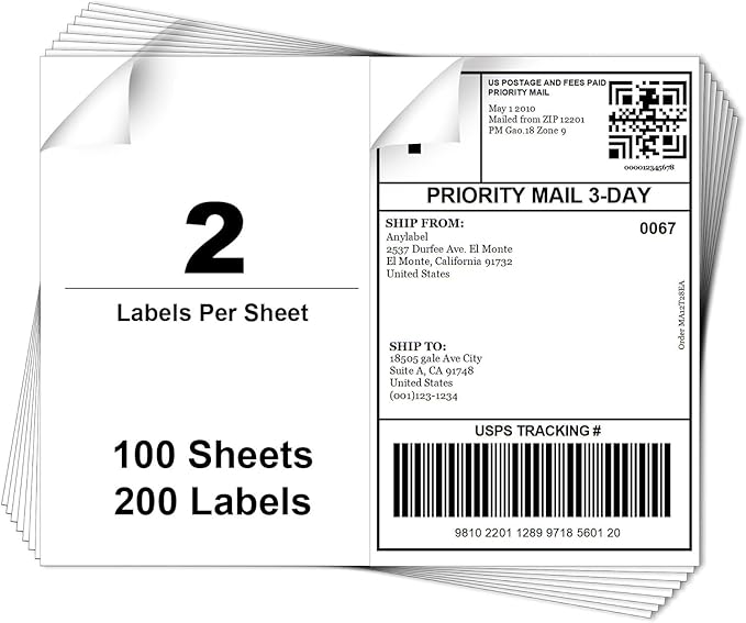 8.5" x 5.5" Half Sheet Self Adhesive Shipping Labels for Laser & Inkjet Printer - 2 Per Page Shipping Labels for Mailing Packages, 5 1/2 x 8 1/2 Half Sheet Labels(100 Sheets, 200 Labels)