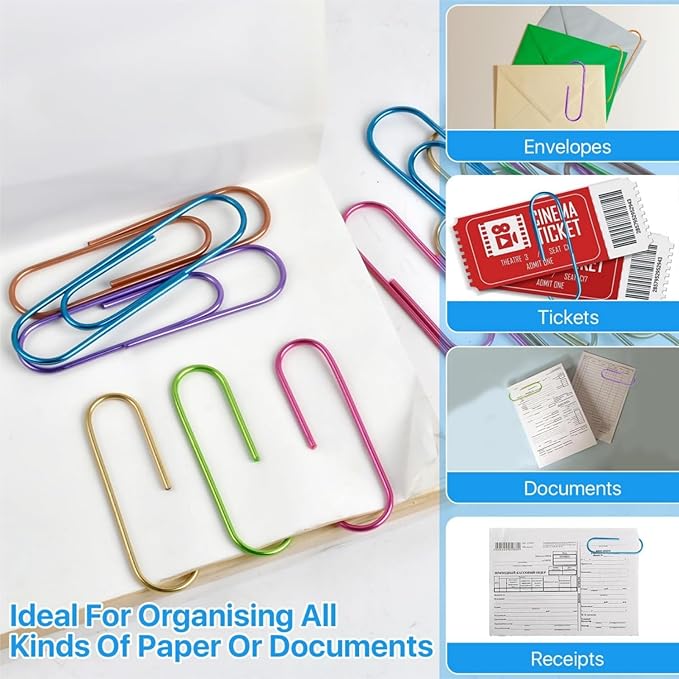 High Bright 40 Pack 4 Inches Mega Large Paper Clips - 8 Colors Per Color 5pcs 100mm Cute Paper Needle Multicolor Bookmark,Office Supply Accessories (8 Colors/40pcs)
