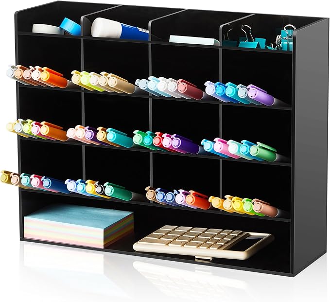 MotiMind Acrylic Pen Organizer Storage for 200 Markers Vertical Marker Organizer Acrylic Pen Display Holder for Office Desk Desktop Stationery Pencil Storage, Black, 13 x 4 x 10.2 Inch