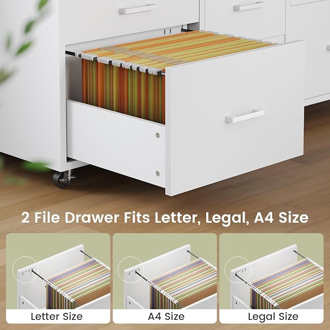 SEDETA 6 Drawers File Cabinet with Power Strip fits Legal/Letter/A4 Size | 47" Wood Mobile Lateral Filing Cabinet for Home Office, Printer Stand with Storage Shelf and Led Lights, White