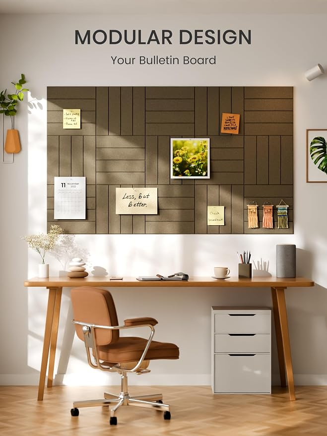 Bumusty 48" x 36" Large Cork Board Alternative, Earth Brown | 12-Pack Felt Bulletin Board Tiles, 60 Adhesive Tabs, 30 Pushpins, Home, Office, Classroom, Vision Board