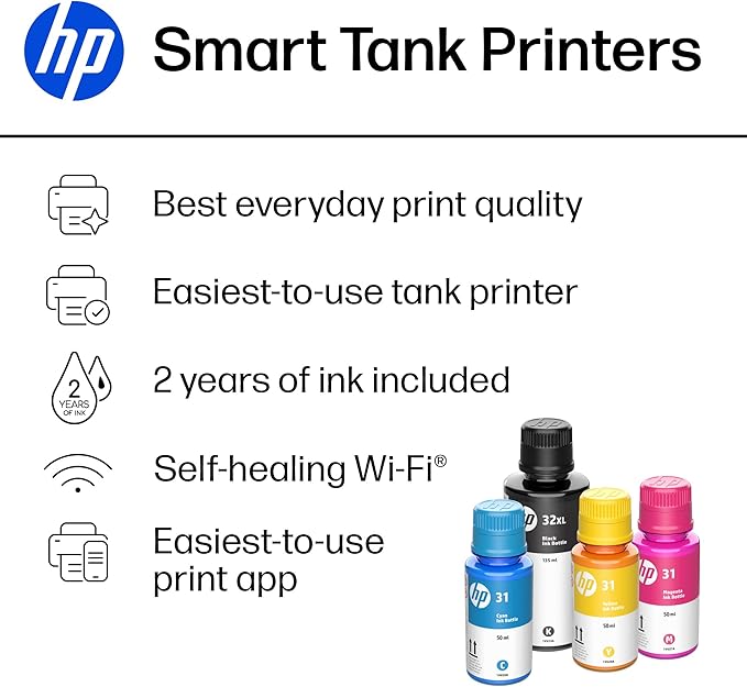 HP Smart Tank 5101 Wireless All-in-One Refillable Printer, Scanner, Copier with 2 years of Ink included, Wireless printer-for-home use an EcoTank Alternative (1F3Y0A)