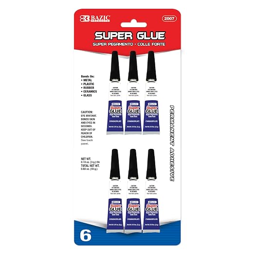 BAZIC Products Super Glue, 0.10 oz, 6 Count, 144-Case | Dries clear, Super glue tubes, 0.10 oz each, Bonds metal, Plastic, Wood, Ceramic, Glass in seconds, Bulk pack