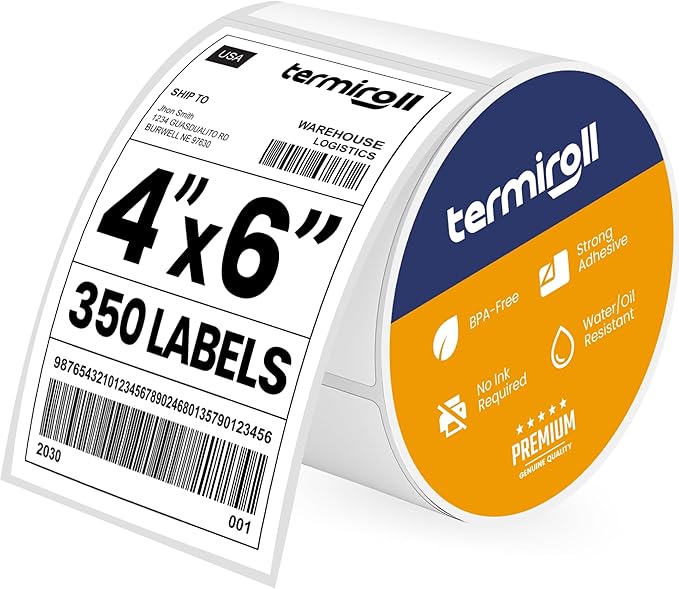 4x6 Thermal Shipping Labels Roll – 350 Precision Cut Direct Thermal Labels, Commercial Grade Strong Adhesive, Compatible with Rollo, Zebra, MUNBYN & iDPRT Printers