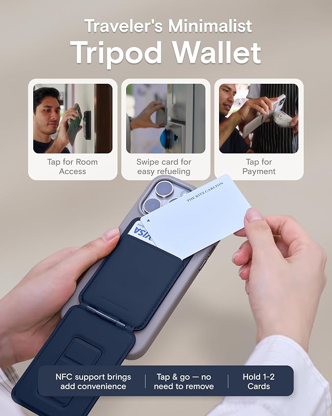 MOFT Phone Tripod Wallet, 3 in 1 Phone Stand, NFC-Supported Magnetic Phone Wallet, MOVAS Vegan Leather Adjustable Card Holder, Navy Blue