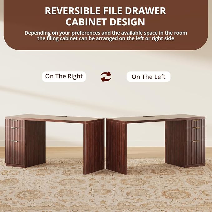 FURSUN 58" Modern Executive Desk with Storage, Home Office Desk with Drawer & Cabinet, Wooden Fluted Desk for Study, Living Room, Bedroom, Dark Walnut