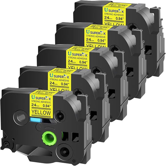 5PK Compatible for Ptouch TZe-S651 TZ-S651 TZ-651 TZe-651 24mm 1'' Laminated Black on Yellow Extra Strength Label Tape for PT-D600 D600VP P700 P710BT P750W E550W Label Maker