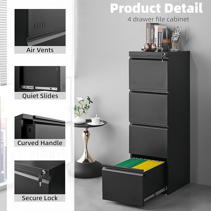 Approgreent Vertical 4 Drawer File Cabient with Lock, Metal Filing Cabinets for Home Office, Heavty Duty Office Storage Cabinet for A4/Letter/Legal (Matte Black)