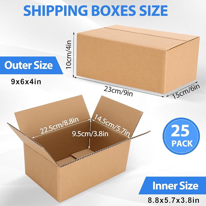 25 Pack Shipping Boxes, Brown, 9"x6"x4", Corrugated Cardboard Boxes | Small Cardboard Shipping Boxes, Kraft Mailing Boxes, for Small Business Packaging, Shippings and Storing