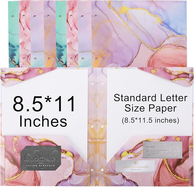 Ddaowanx 8 pcs Plastic Folders with Pockets,3 Hole Punched Folders | Heavy Duty Binder Folder for 3 Ring Binder,Cute Marble Colors 2-Pocket Folders for Documents,Back to School Supplies