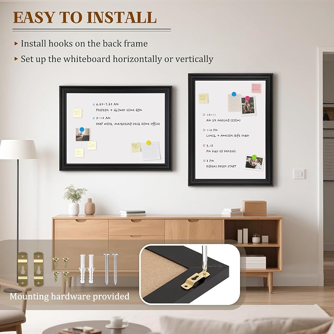 White Board for Wall, 36'' x 24'' Magnetic Dry Erase Board, Black | Wooden Frame, Decorative Whiteboard, Wall Mounted, for Home, Office, Kitchen, Dorm, 4 Markers, 6 Magnets, A Eraser