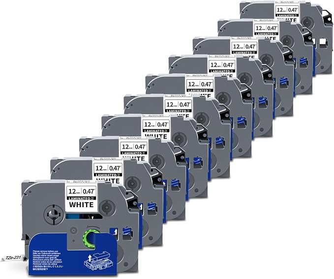 10-Pack TZe-231 TZ-231 TZe231 Compatible for Brother Label Tape | P Touch PT-D220 Label Tape 12mm 0.47 Laminated White for Ptouch PTD220 PT-D210 H100 PTD400 D600 D610BT Label Maker