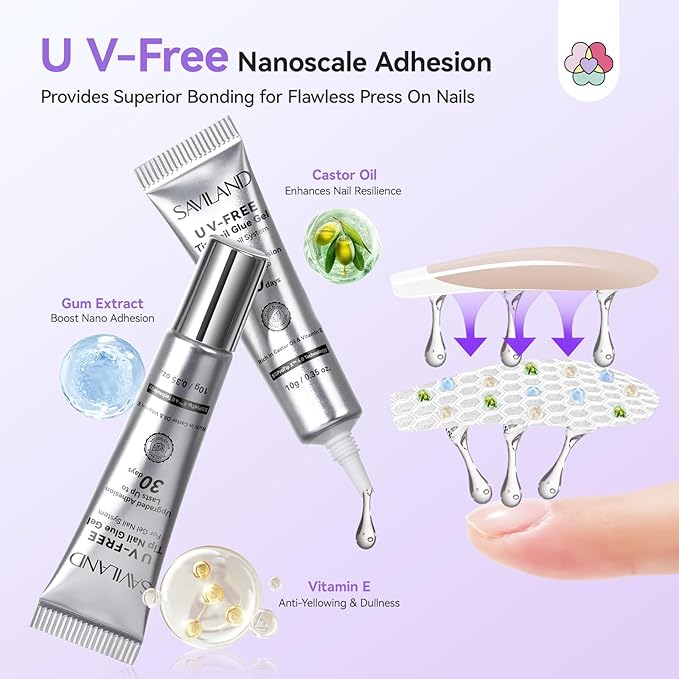 SAVILAND Semi Solid Nail Glue No U V Light Needed: 20g Super Strong Gel Nail Glue for Press Ons 30-Day Long Lasting Quick Drying False Nail Glue Gel Adhesive Rich in Castor Oil Vitamin E