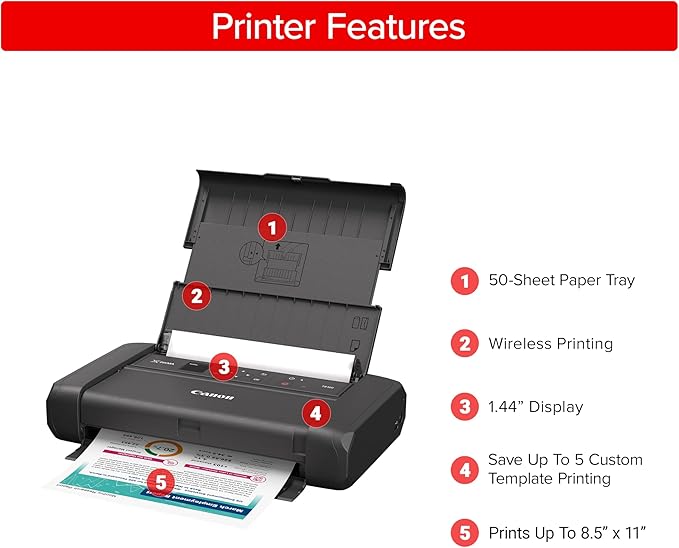 Canon PIXMA TR160 Wireless Portable Printer, 50-Sheet Paper Tray and 1.44" Display