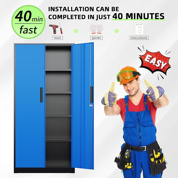 Metal Storage Cabinet, 72" Locking Steel Cabinets with 2 Door and 4 Adjustable Shelves, Tall Metal Cabinet for Home Office, Garage, Warehouse, Black+Blue