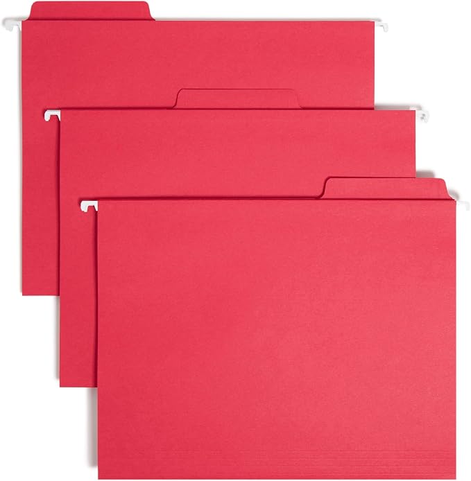 Smead FasTab Hanging File Folder, 1/3-Cut Built-in Tab, Letter Size, Red, 20 Count (64096)