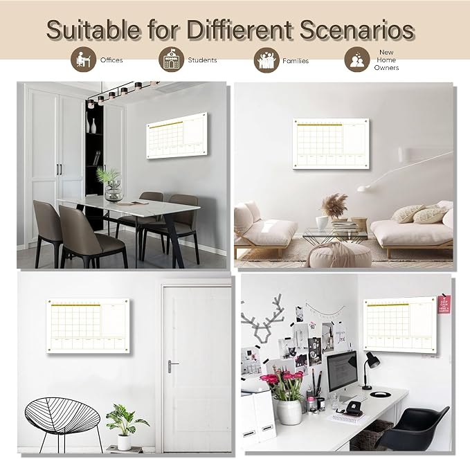 Glass 3-1 Golden Monthly Dry Erase Calendar Whiteboard for Wall,20"x 30",Frameless Mounting,Office/School/Home, Frameless Large Planner White Board