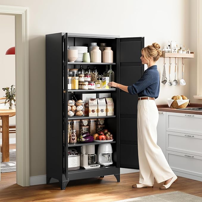 Metal Pantry Cabinet,- 72" Black Kitchen Pantry Storage Cabinet with Doos and Adjustable Shelves for Kitchen, Living Room,Dining Room,Home