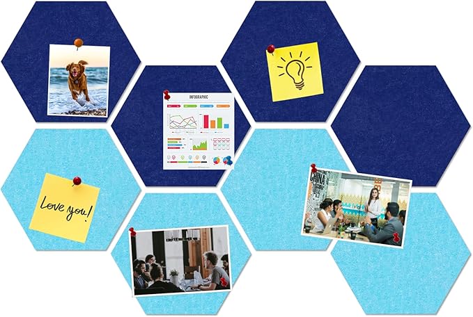 Large Hexagon Felt Cork Board Tiles, Self Adhesive DIY Felt Bulletin Board Pin Board with 35 Pushpins for Office School Home Wall Decor(Dark Blue+Sky Blue)
