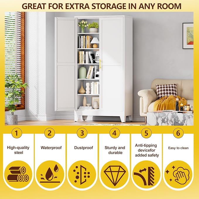 PAOFIN 79" Tall White Kitchen Pantry Cabinet, Metal Storage Cabinet | with 2 Doors and 5 Adjustable Shelves, Steel Freestanding Wider Cupboard for Kitchen Dining Bathroom Bedroom(New Update)