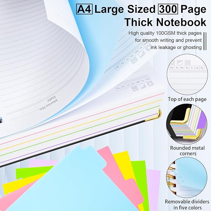 Hardcover Spiral Notebook 8.5"x11" Journal Notebook with Tabs and Removable Dividers 300 Pages 5 Subject Notebook College Ruled, Faux Leather Spiral Bound Notebook for Women School Work (Black)